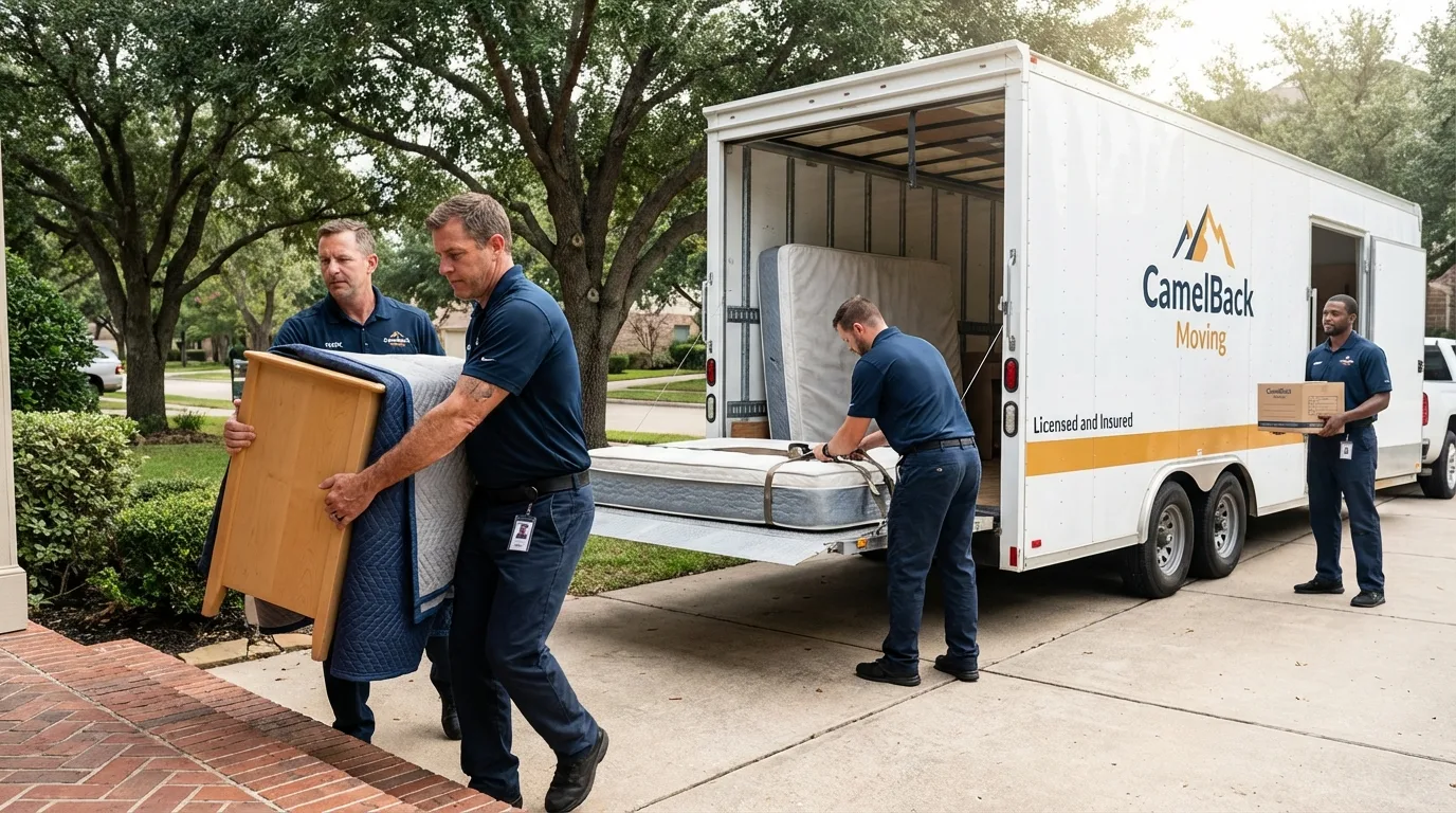Crew loading residential truck for cross-state move from Edna, TX