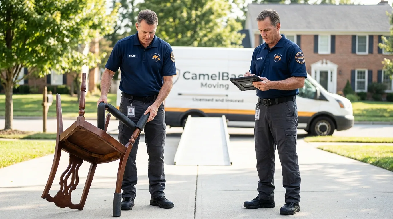Movers inspecting furniture for damage prevention before loading in Edna, TX
